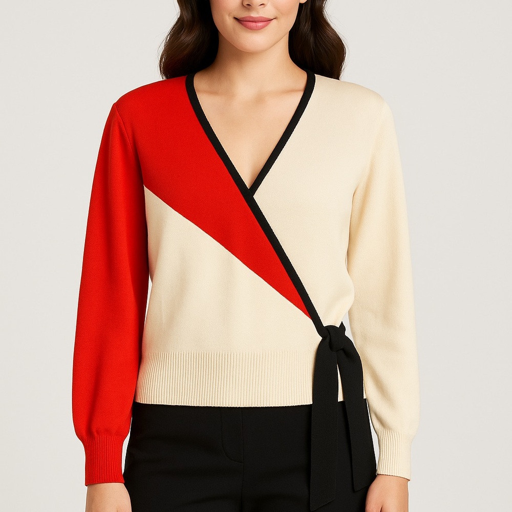 St. John Collection Red and Cream V-Neck Sweater